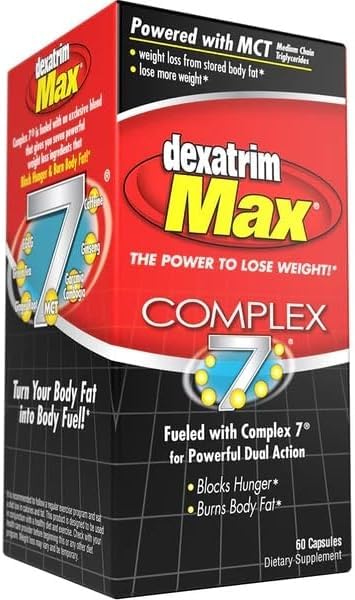 ILIOS Dexatrim Max Complex 7 | גלולות דיאטה לרדת במשקל - 7 רכיבים חזקים להפחית רעב ושומן גוף, שומן Burner תוספי מזון, גלולות הרזיה לנשים וגברים, 1 אריזה / 60 קפסולות