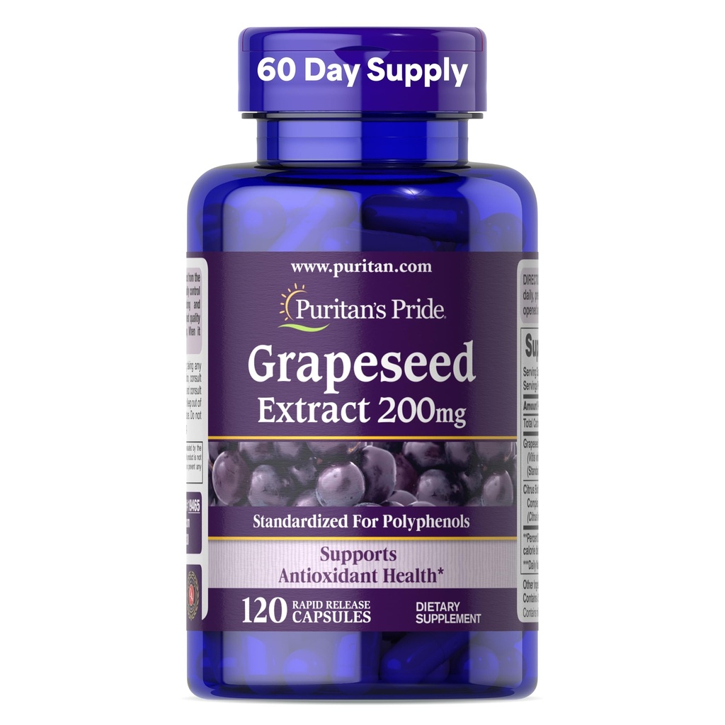 Proitan's Pride Grapeseed לחלץ 200 מ"ג, תוספת תזונתית לתמיכה אנטיoxidant ובריאות הלב, 2 חודשים אספקה, 120 קפסולות שחרור מהיר
