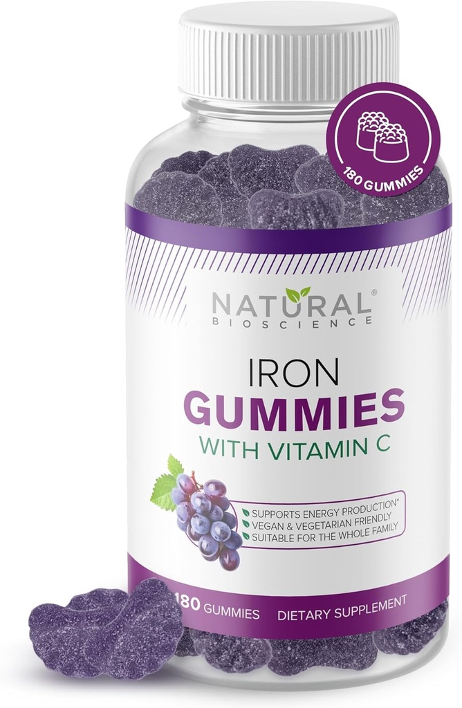 חניכיים ברזל עם ויטמין C - תוספת ברזל Chewable עבור Iron Deficiency Anemia, Red Blood Cell Support, Energy, Immune Function, Brain Health, Max Absorption, Grape Flavor, 180 חניכיים טבעוניות