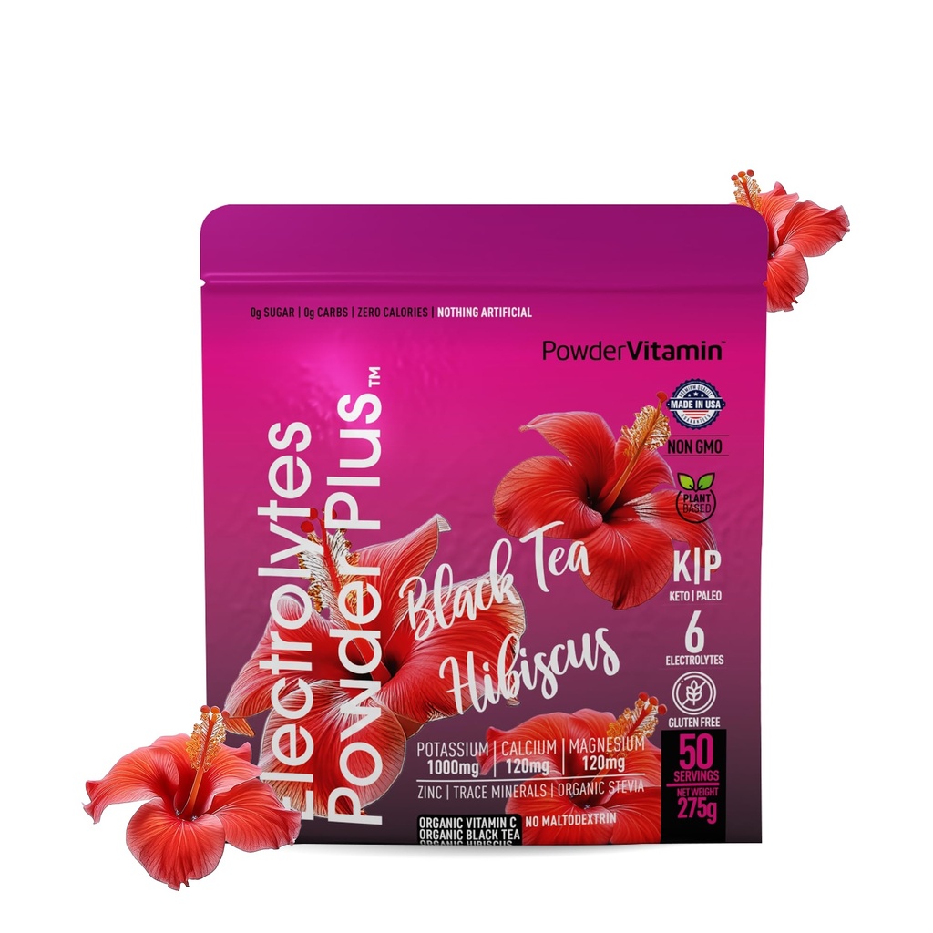 אבקהVitamin אלקטרוליט אבקת פלוס (50 משרתות) אבקת תה שחור Hibiscus Electrolyte אבקת Keto, סוכר חינם, מלח ההימלאיה ורוד, 1000mg Potassium, 120 מ"ג Calcium, 120 מ"ג מגנזיום Magnesium, אבקת הידרה