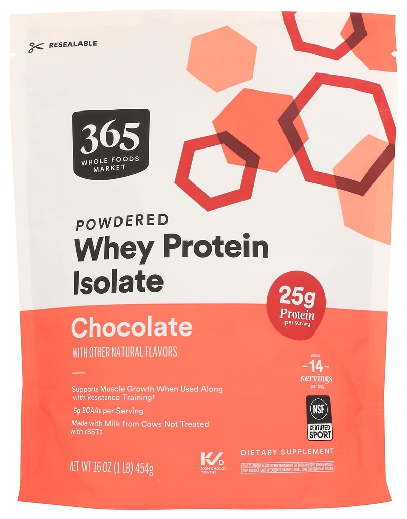 365 על ידי Whole Foods Market, Whey Protein Isolate, שוקולד, 16 אוונס