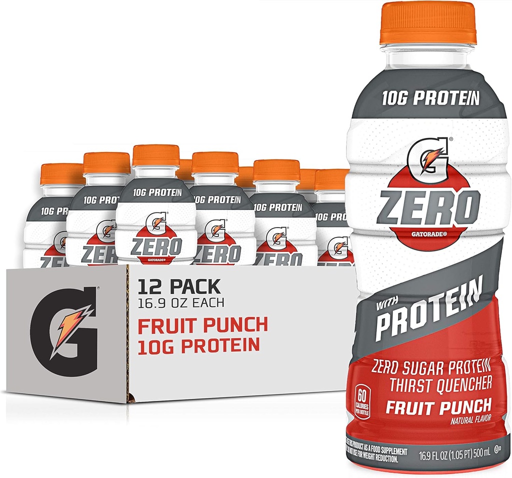 Gatorade Zero עם חלבון, 10g חלבון Whey חלבון Isolate, Zero Sugar, Electrolytes, פירות Punch, 16.9 Fl Oz, 12 Pack
