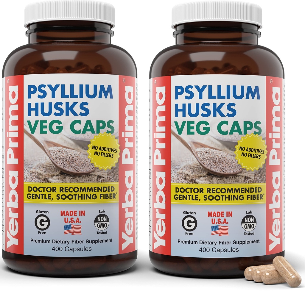 Yerba Prima Psyllium Husks Veg Caps, 400 קפסולות (625 מ"ג) (Pack of 2) - טבעוני, Non-GMO, Gluten Free, מושב ניקוי, תוספת סיבים יומית עבור בריאות רגיל