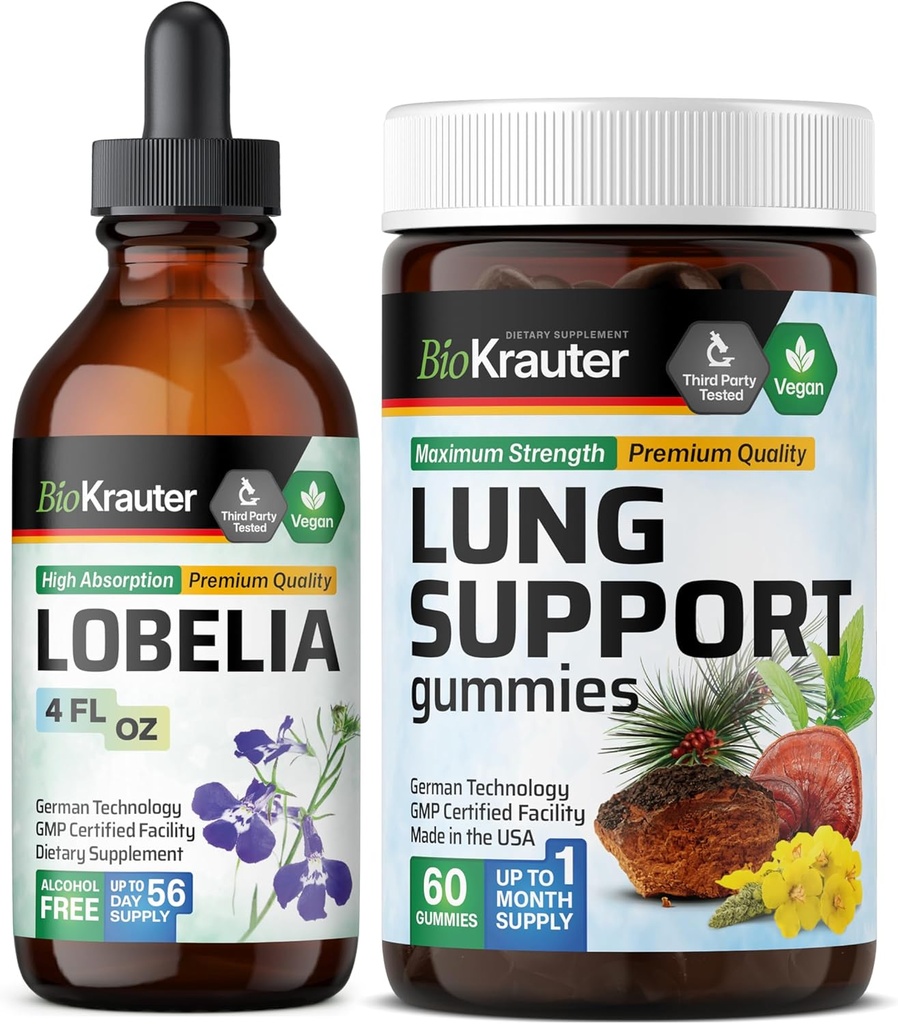 BIO KRAUTER Lobelia Tincture 4 Fl. Oz. & Lung Detox 60 חניכיים