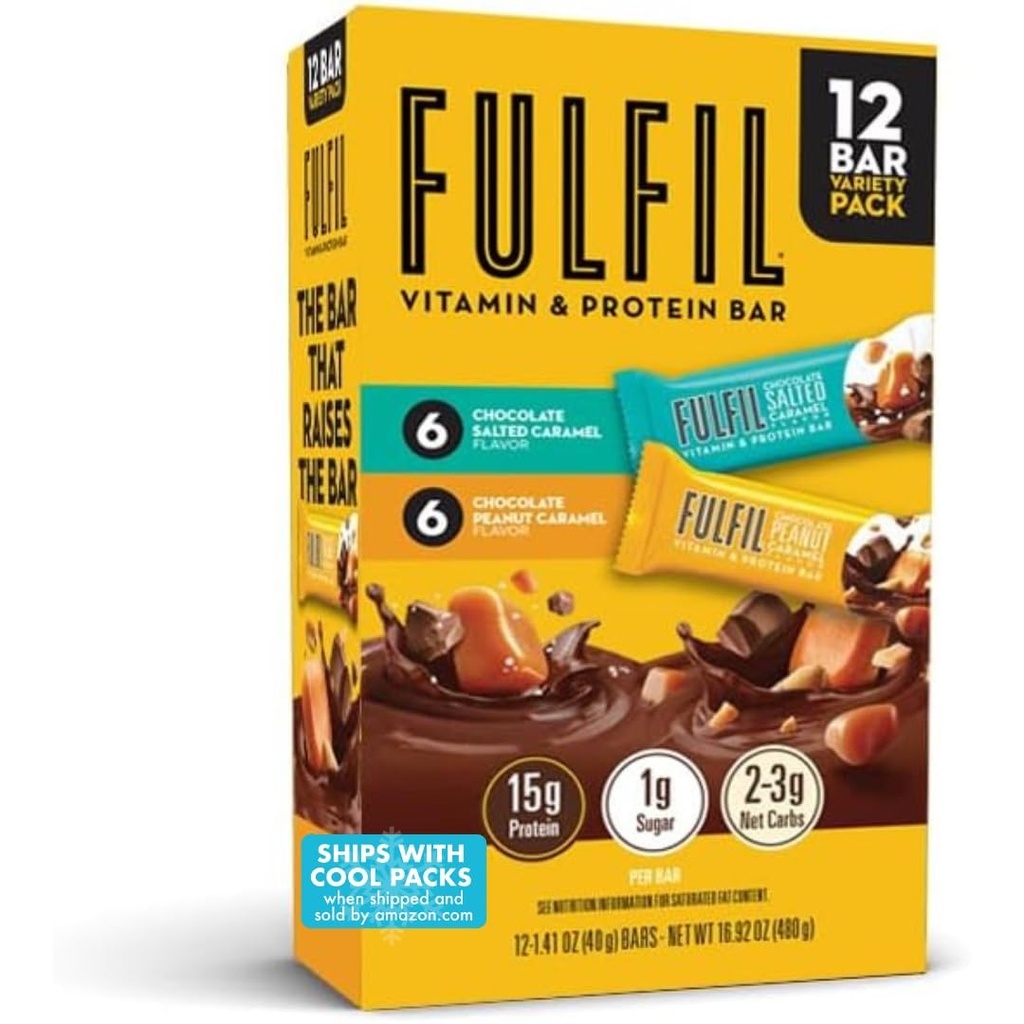 חטיף חלבון FULFIL, 6 שוקולד בוטנים וקרמל & 6 שוקולד סולט קארמל, 15g חלבון, Pantry Staples, 12 Count