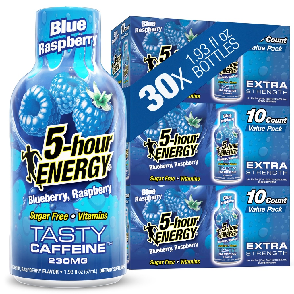 5 שעות ENERGY Shots Another Power, Blue Raspberry Flavor, 30 Count, 1.93 Fl Oz, Sugar Free, Zero Calories, Amino Acids ו- Essential B ויטמינים, Dietary, Feel Proof ו- Energyzed, 230 מ"ג Caffeine.