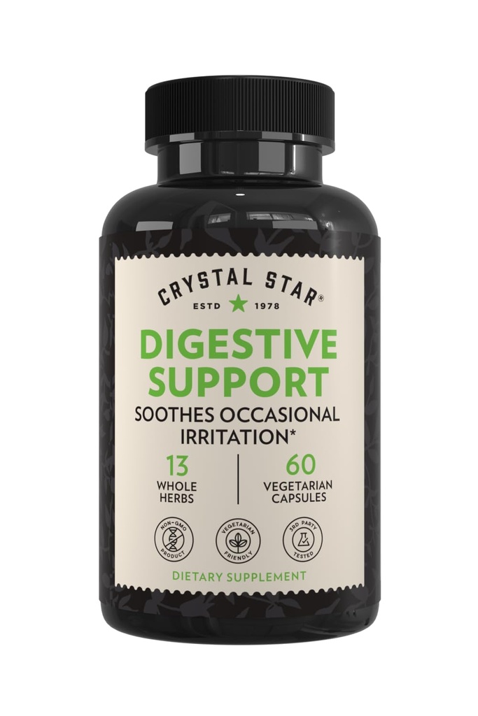 Crystal Star Digestive Support Supplement (60 קפסולות) - Herbal Gut Health תוסף המסייע עם Occasional Gas & Bloating - Peppermint, Aloe Vera, Slippery Elm & Joker - Non-GMO