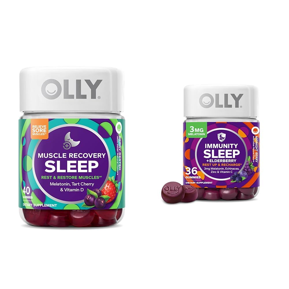 OLLY Muscle Recovery Gummies, 40 Count Immunity Sleep Melatonin Gummy, 36 Count Bundle