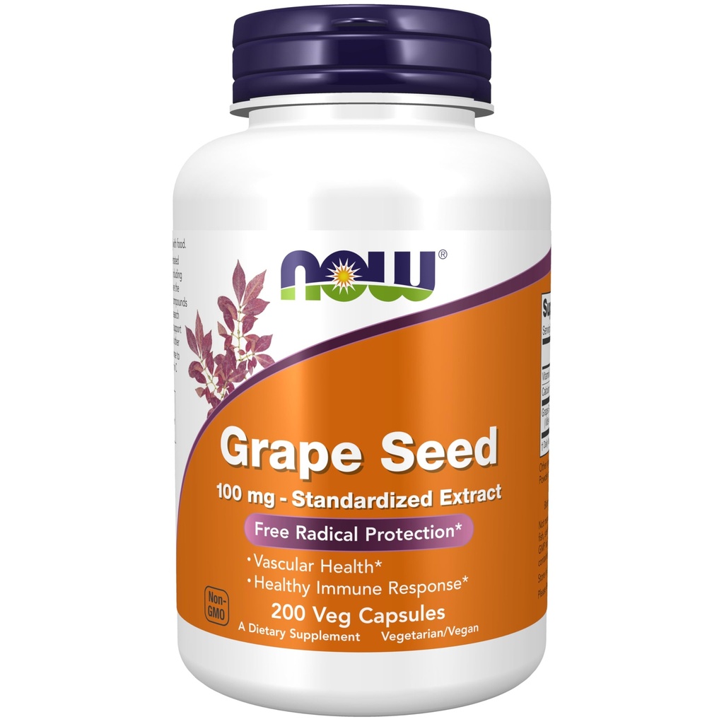 תוספי מזון עכשיו, Grape Seed 100 מ"ג - תמצית סטנדרטית, תמצית גבוהה ריכוז עם מינימום של 90% פוליפנולים, עם ויטמין C, 200 Veg כמוסות