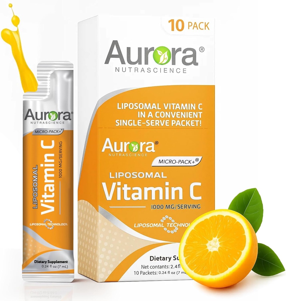 אורורה Nutrascience Micro-Pack Liposomal ויטמין C, Immune Support, 1000 מ"ג Per Serve, טבעוני, Gluten Free, non-GMO, 10 מנות יחיד, כתום