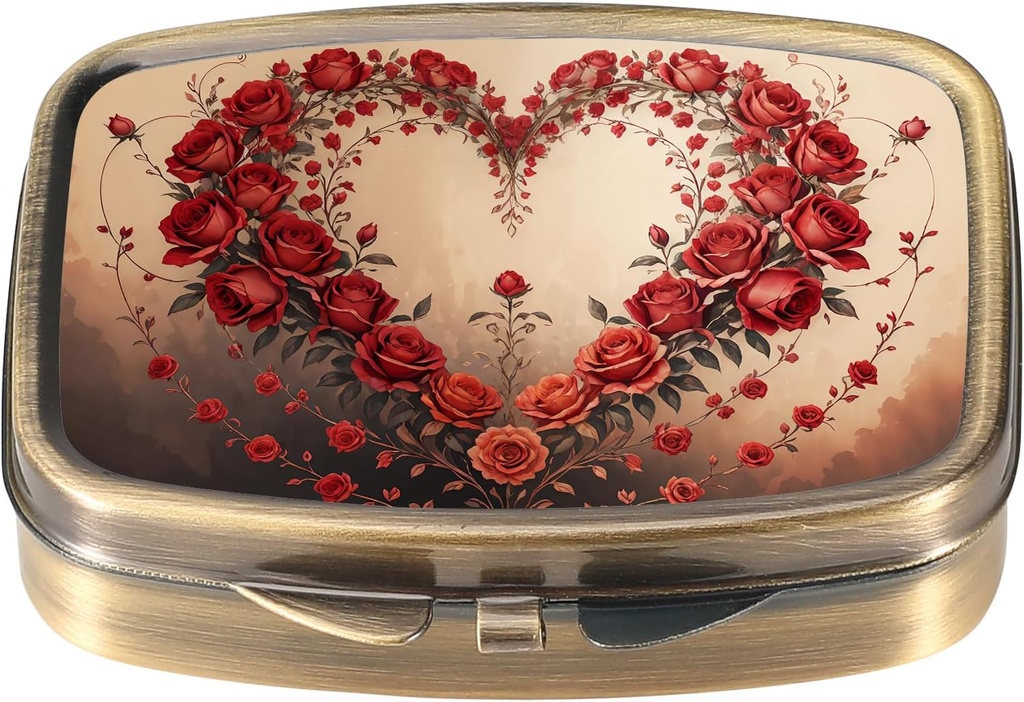 Dinippy Pill Pill Box with Mirror Retro Pocket 2 השוואתי תרופות מקרה ויטמין גלולות מארגנת עבור Pocket Purse וTravel (Retro-Rose Heart Wreath)