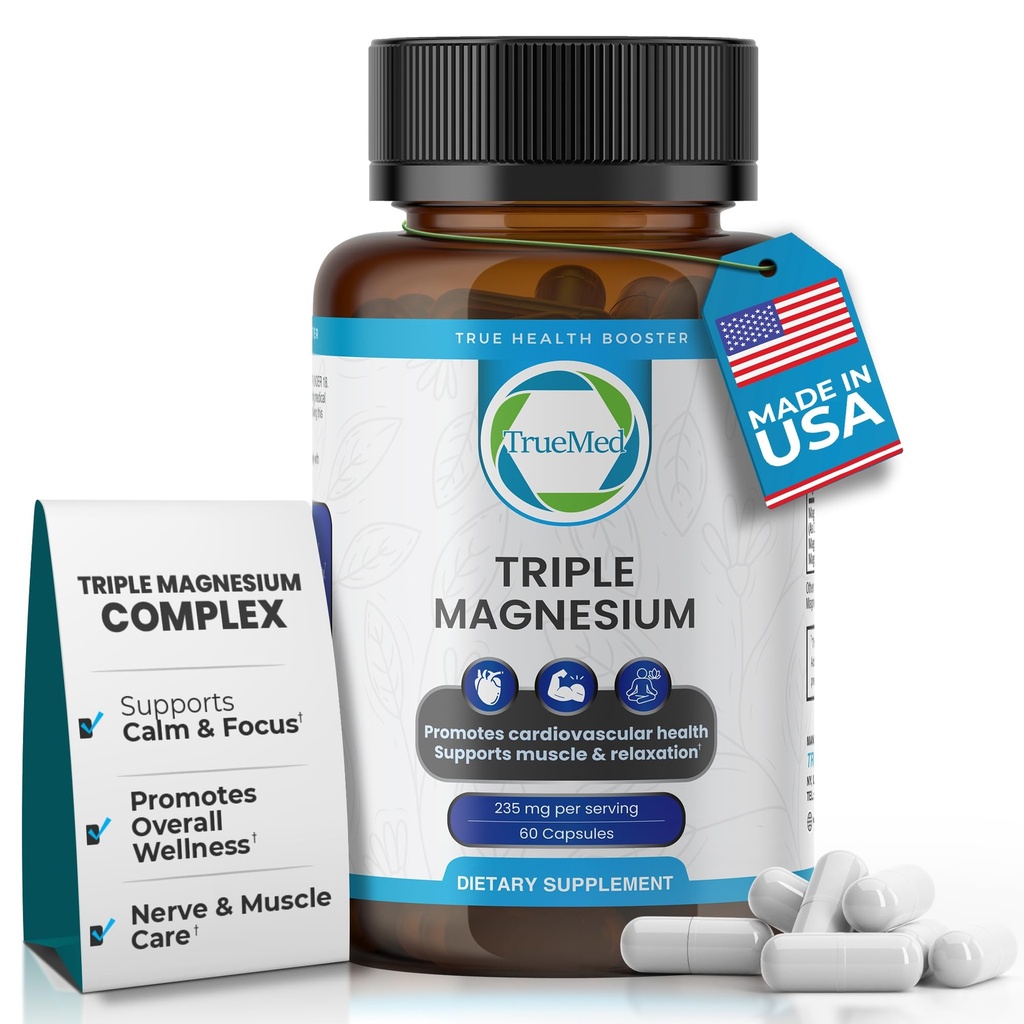 תוספת מגנזיום משולשת, 235 מ"ג, Dimagnesium Malate, Citrate, Lysinate Chelate, 60 קפסולות, תמיכה שינה, הרפיה שרירים, עצמות ובריאות הלב, אנרגיה ותפקוד עצבי, ארה"ב יצרה USA Made Made Made