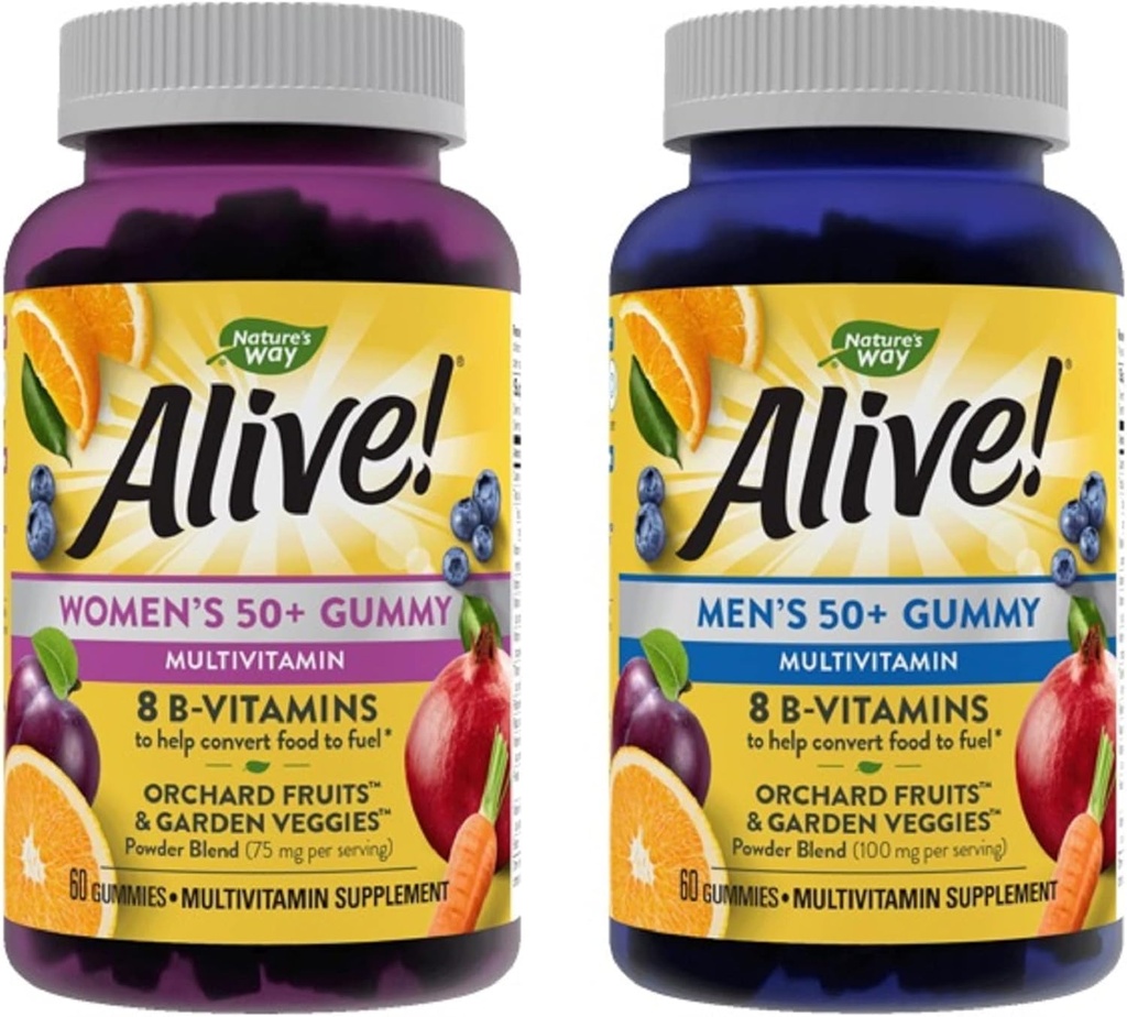 הדרך של הטבע חי! נשים וגברים 50+ Gummy Multivitamins, B-Vitamins, Delicious Flavors, 60 חניכיים Per Bottle