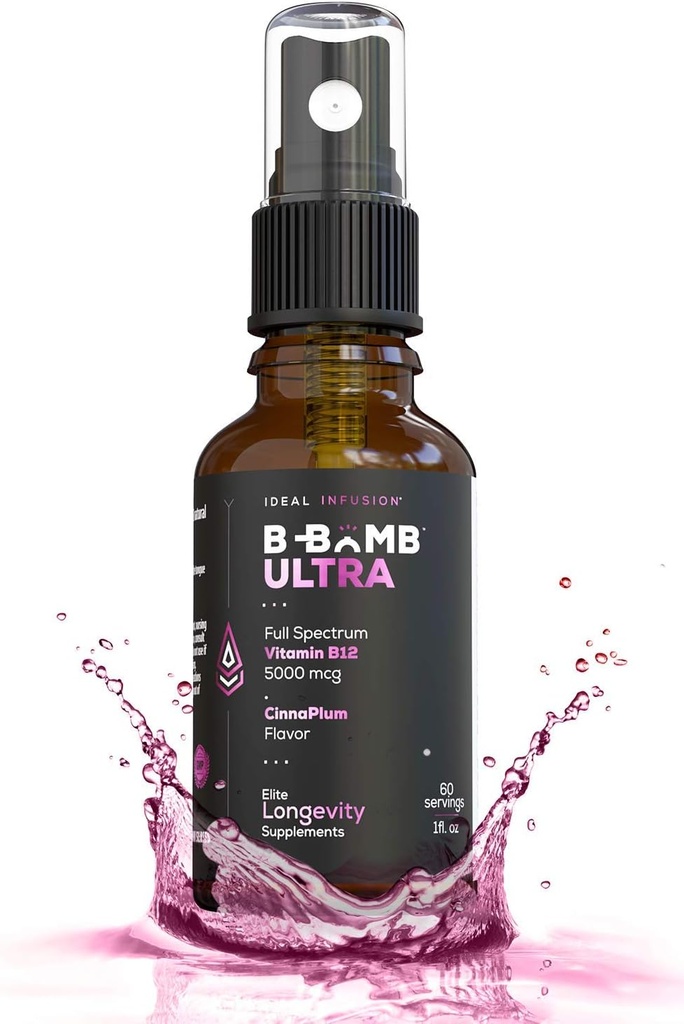 Infusion B-Bomb Triple B12 ויטמין נוזלי Spray: Methyhydrobalamin, Adenosylcobalamin, hydroxocobalamin - Nerve Health and Energy Booster-5000 mcg, Keto, Sugar Free (Organic CinnaPlum)