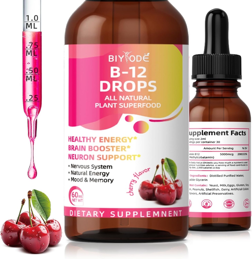 ויטמין B12 5000 נוזל mcg Drops All Natural Plant Superfood Energy Brain Booster Neuron Support Nervous System Natural Energy Mood Memory 60 מ"ל Net Wt Cherry Flavor