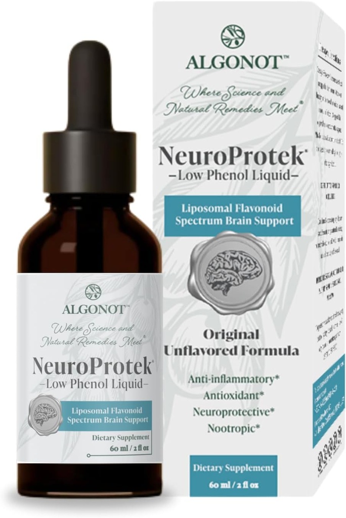 NeuroProtec Low Phenol נוזל - Unflavored - 60 מנות, הנוסח היחיד של נוזל luteolin לקליטה מהירה. שילוב פטנטים בלעדי של Luteolin ו פלבונואידים אחרים בשמן זית Pomace