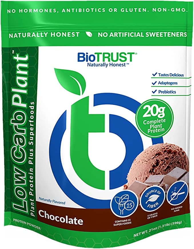 BioTrust Low Carb Plant, Delicious, Creamy, 20 גרמים של חלבון נקי, שלם, צמחי מבוסס, 5 גרמים סיבים, 15 Superfoods, Enzymes, טבעוני, חלב חינם - 14 לשרתים (Chocolate)