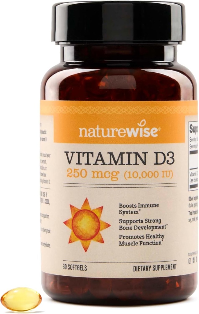NatureWise ויטמין D3 10,000IU (250 mcg) 30 יום אספקה - עוצמה גבוהה עבור תמיכה חיסונית בריאה ותפקוד שרירים, non-GMO, Gluten-Free ב שמן זית אקסטרה אורגני, (שר Softgel), 30 הרוזן הרוזן
