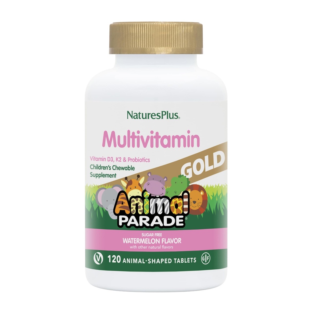 Natures Plus Animal Parade Gold Multivitamin Children's Chewables - Watermelon Flavor - 120 טבליות בעלות חיים - ויטמין D3, K2 & Probiotics - טבעוני, גלוטן חינם - 60 המשרתות הכוללות