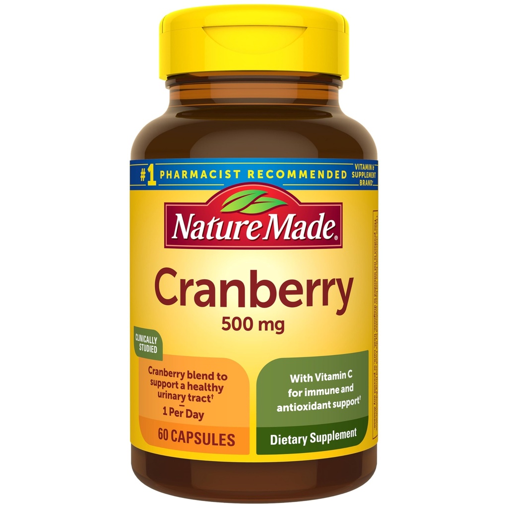 Nature Made Cranberry תוסף 500 מ"ג עם ויטמין C עבור תמיכה Immune & Antioxidant, Cranberry תערובת עבור Urinary Tract בריאות, יום אחד Per, 60 קפסולות