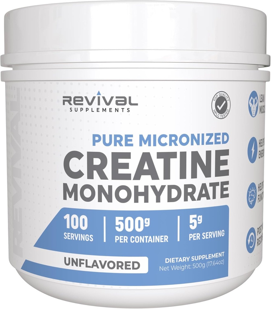 Revival Premium Micronized Creatine Monohydrate - HPLC Tested 100% טהור כיתה - 500g (100 משרתים) - תומך בצמיחה שרירי Lean - מקסימום Absorption - Unflavored - Made in USA & 3rd Party Lab נבדקה