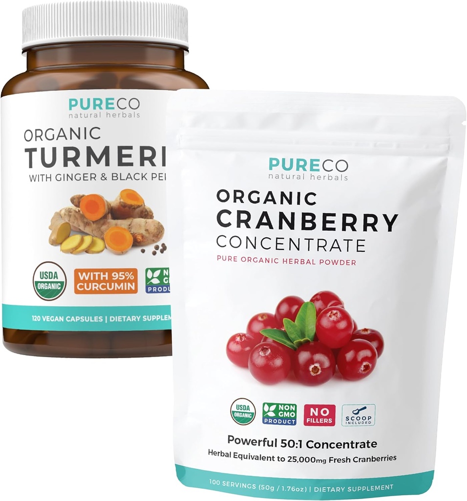 אבקת Turmeric & Cranberry (3-Month Supply) ברי Turmeric Band Bundle של כורכום טורקימי אורגני עם Black Pepper & הג'ינג'ר (120 Caps) & Organic Cranberry Concentrate אבקת לחלץ סקוטי (100op)