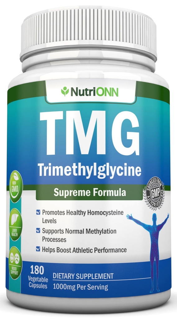 TMG Trimethylglycine תוסף - 1000 מ"ג - 180 קפסולות - Premium Pure Betaine Anhydrous - תמיכה רגילה Homocysteine & Blood לחץ רמות - מקדם תהליכי מיתילציה - Non-GMO Formula