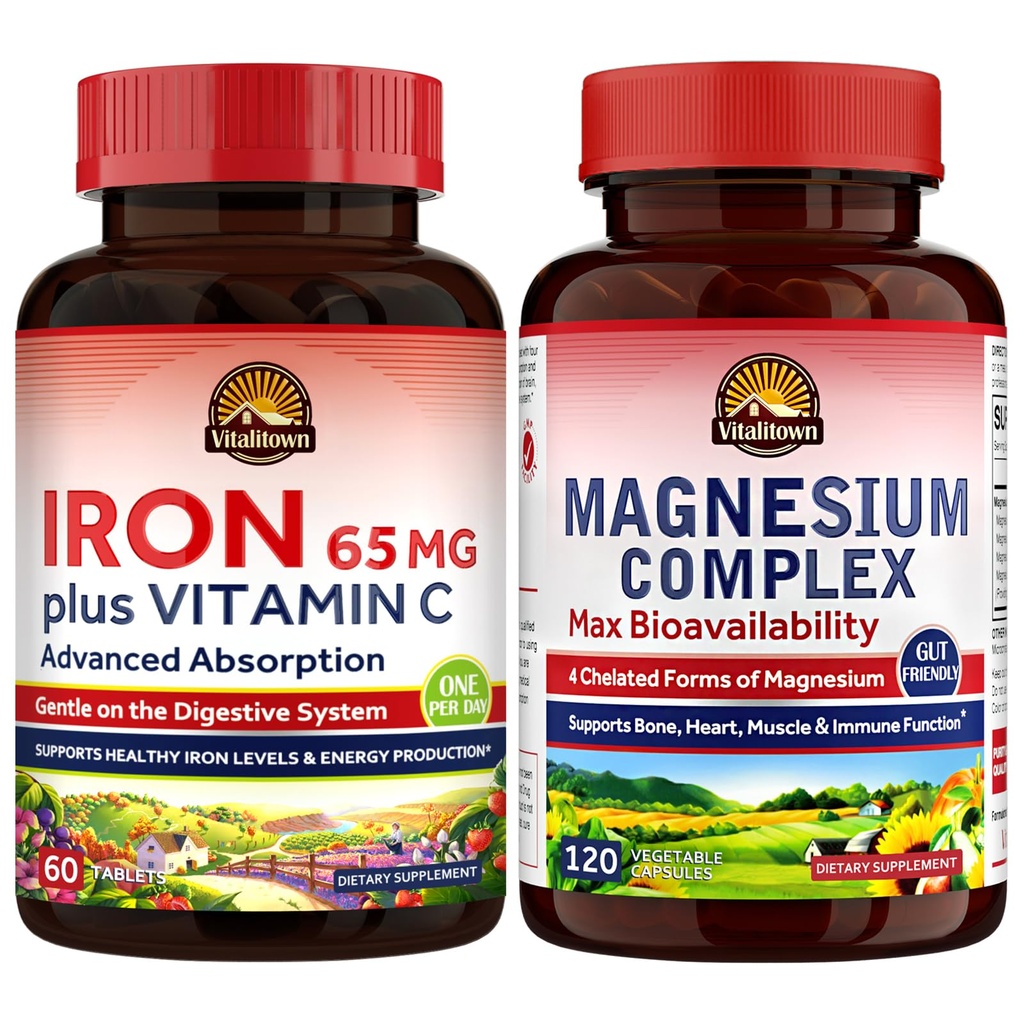 Vitalitown Magnesium מורכב 500 מ"ג ו 65 מ"ג ברזל תוספת לנשים גברים, עבור שינה, שריר, בניין דם ושיפור אנרגיה