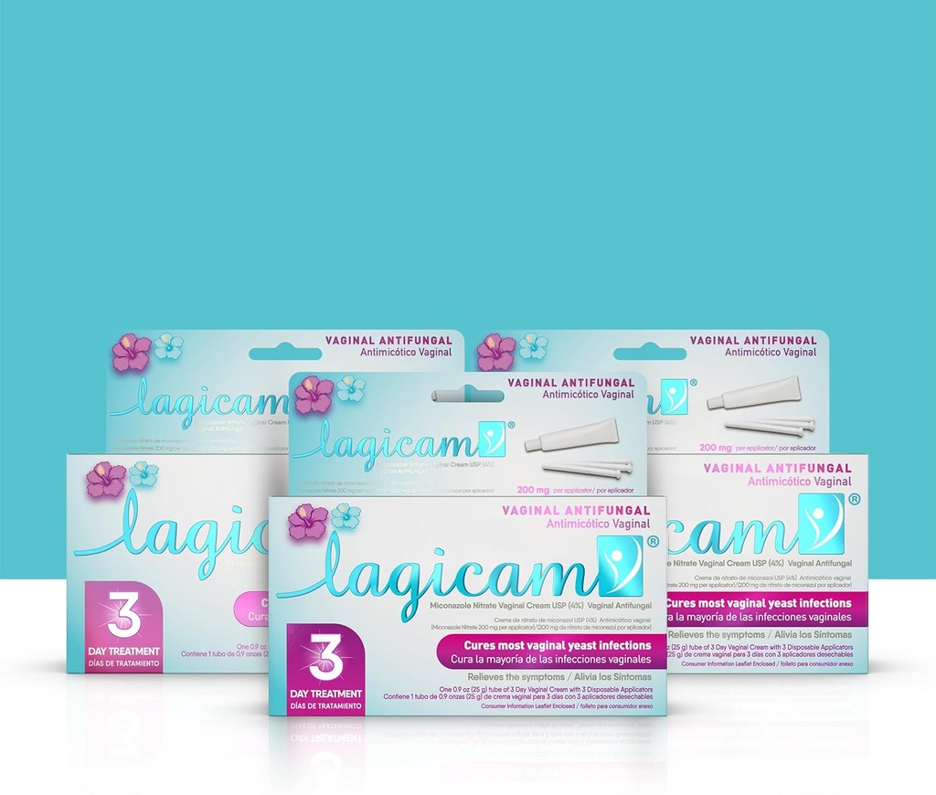 Lagicam 3 Day Yeast זיהום טיפול לנשים, להתחיל לעבוד ביום הראשון, Miconazole Nitrate, Antifungal Vaginal Cream for Itching and Irritation, 3 Applicators & Cream (Pack of 3)