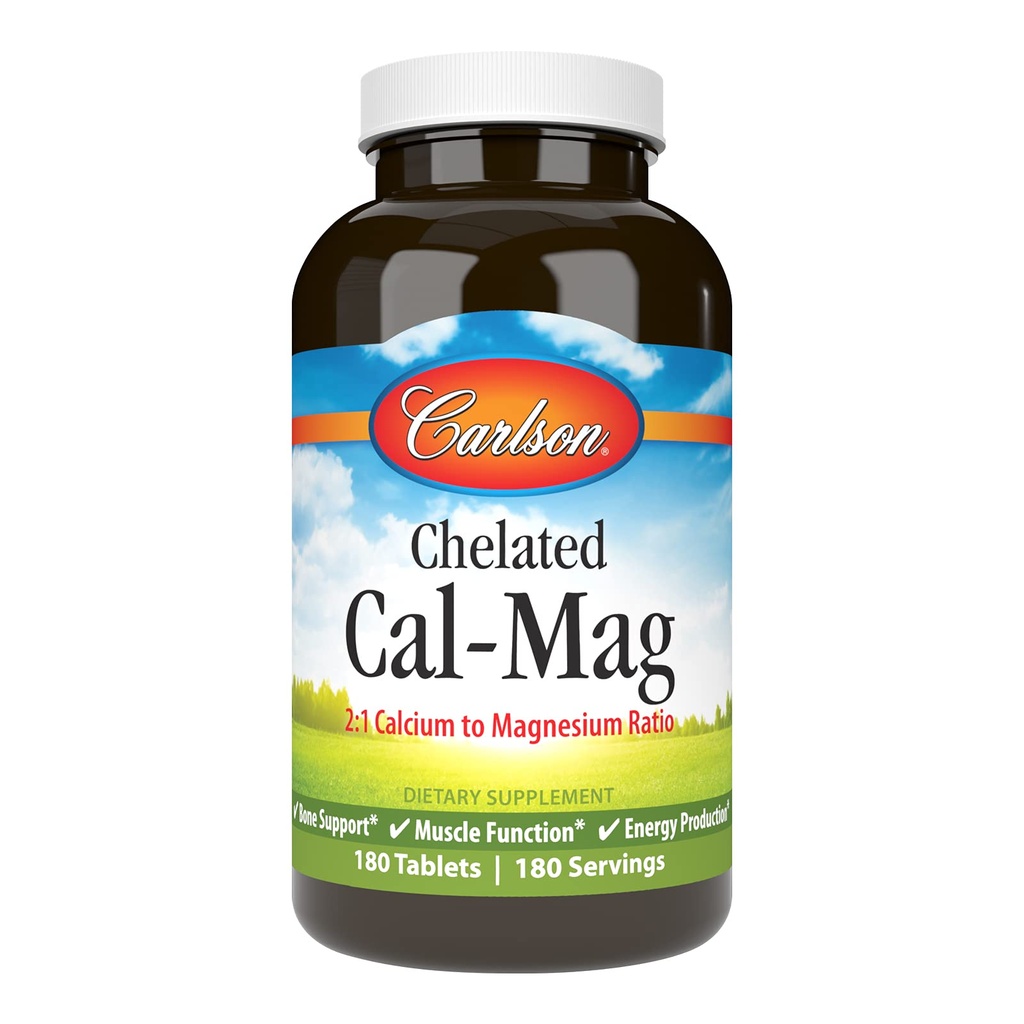 קרלסון - Chelated Cal-Mag, 2:1 Calcium כדי Magnesium Ratio, תמיכה העצם, תפקוד שרירים ואנרגיה ייצור, 180 טבליות