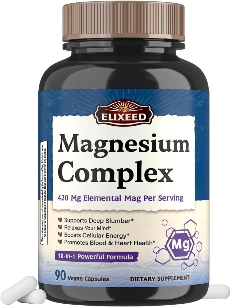 קומפלקס Chelated Magnesium מורכב 960 מ"ג לשרת, 10 טפסים, Magnesium Glycinate, Citrate, Malate, Turate & More, תמיכה בשינה & אנרגיה, High Absorption, 90 טבעוני קפלס
