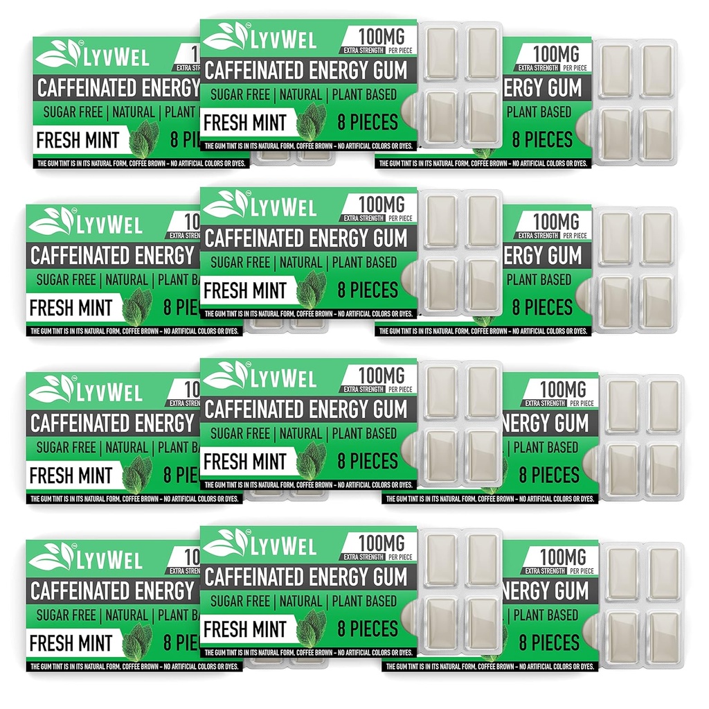 LyvWel Energy Gum | 100 מ"ג קפאין לכל אבני חן | All Natural | Sugar-Free Pre-Workout Boost: Your Essential Energy Supplement to Stay Wake- Carton 12 Pack
