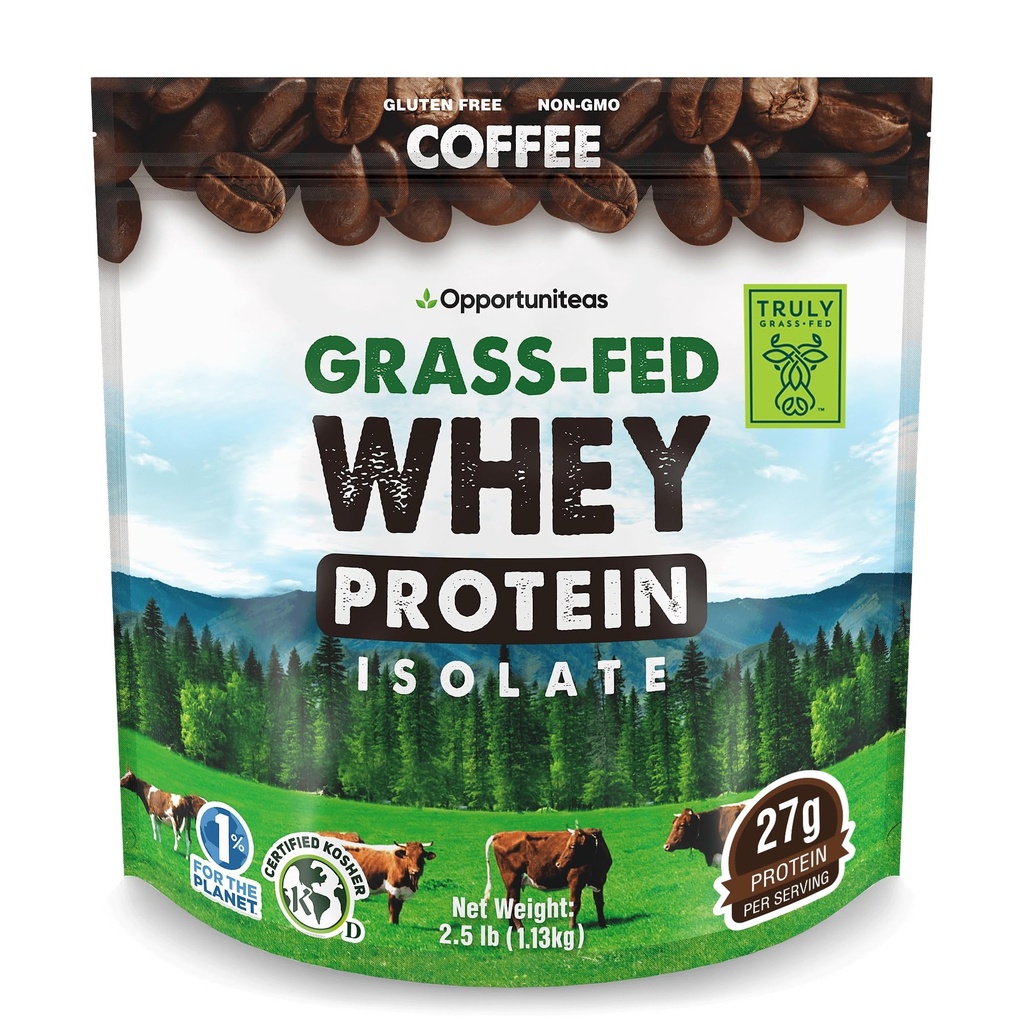 Opportuniteas Grass פד קפה Whey חלבון אבקת Isolate - 27g אבקת חלבון ללא ממתקים מלאכותיים, פרות ללא הורמונים, לא GMO - 2.5lb
