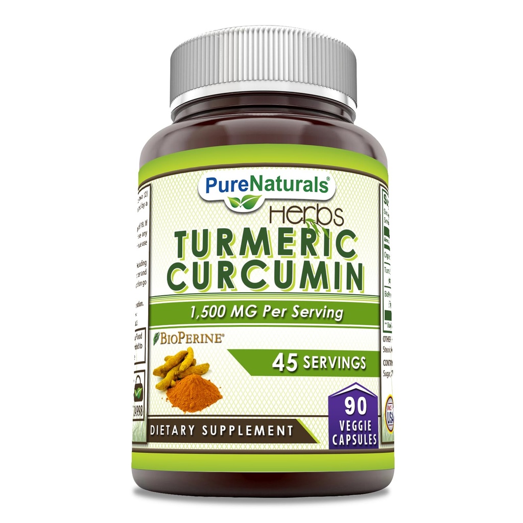 Pure Naturals Turmeric Curcumin עם bioperine 2250 מ"ג תוספת שירות | Veggie קפסולות | Non-GMO | Gluten Free | Made in USA (1 Pack, 90 Count)