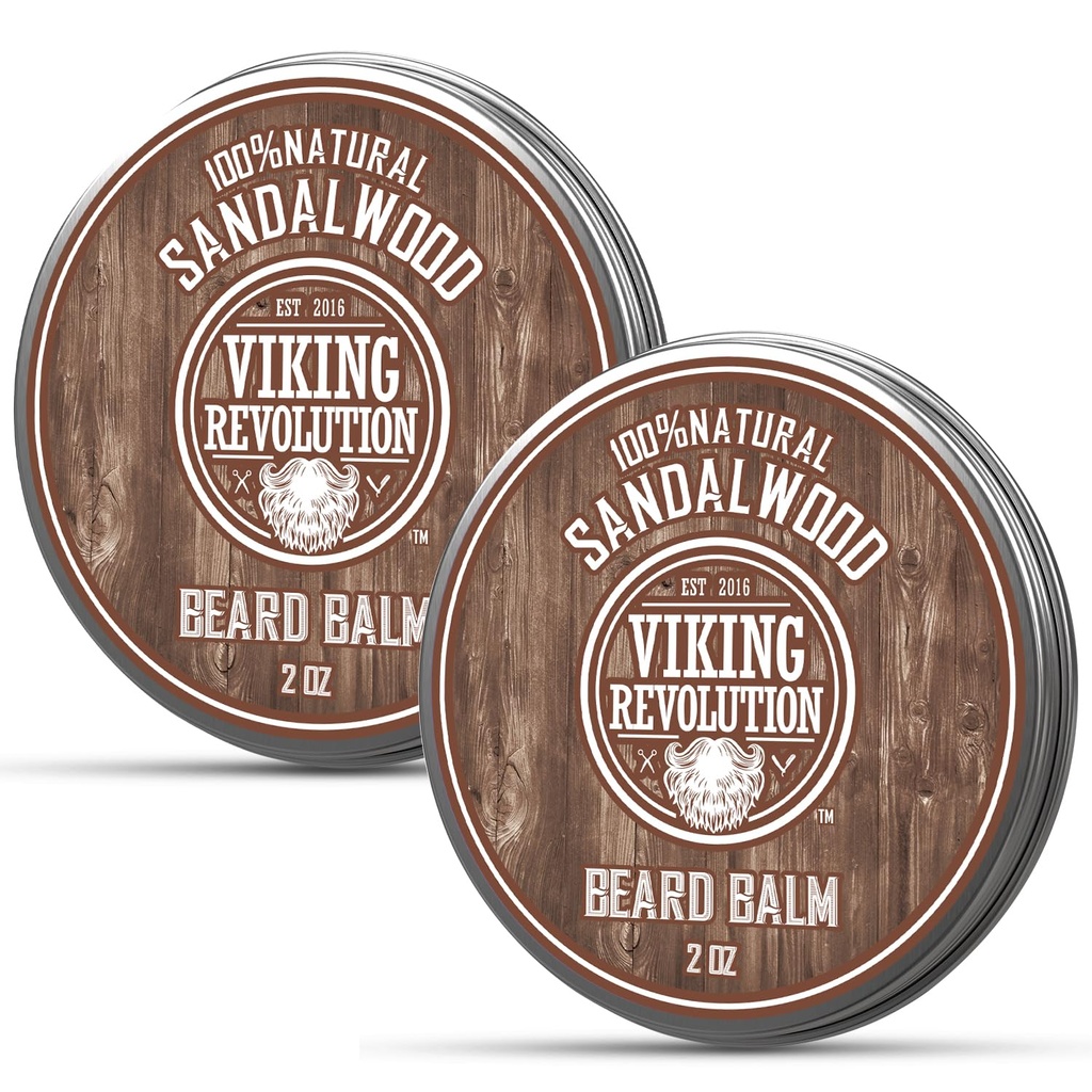 Viking Revolution Sandalwood Beard Balm - Beard Butter with Argan Oil, Beard Softener for Men with Jo Joba Oil - Beard Moisturizer for Men with Beeswax - Beard Wax for Men (2oz, 2 Pack)