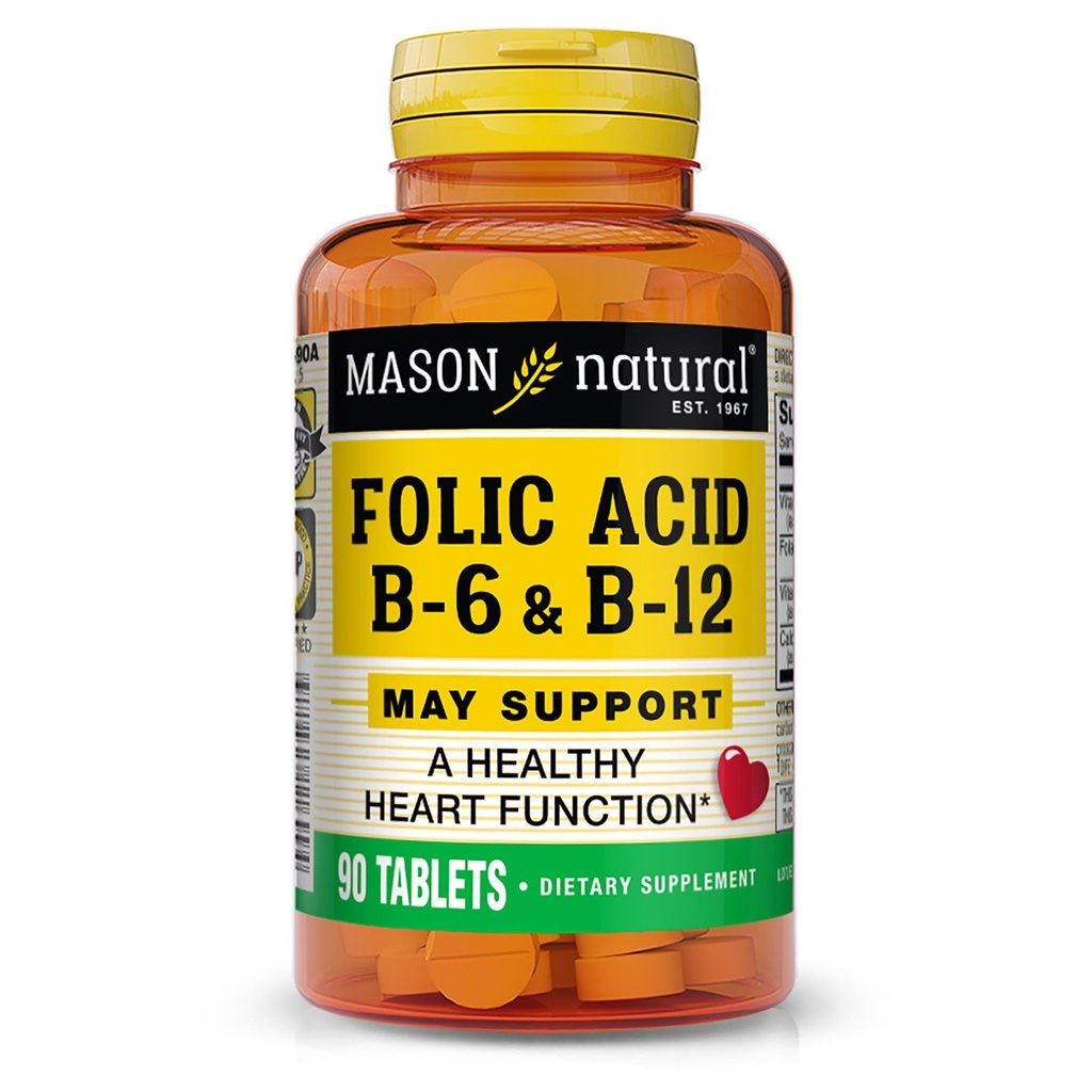 MASON NATURAL Folic Acid עם B,6 & B,12, 90 יום אספקה, תמיכה בריאות לב נורמלית פונקציות מטאבוליות