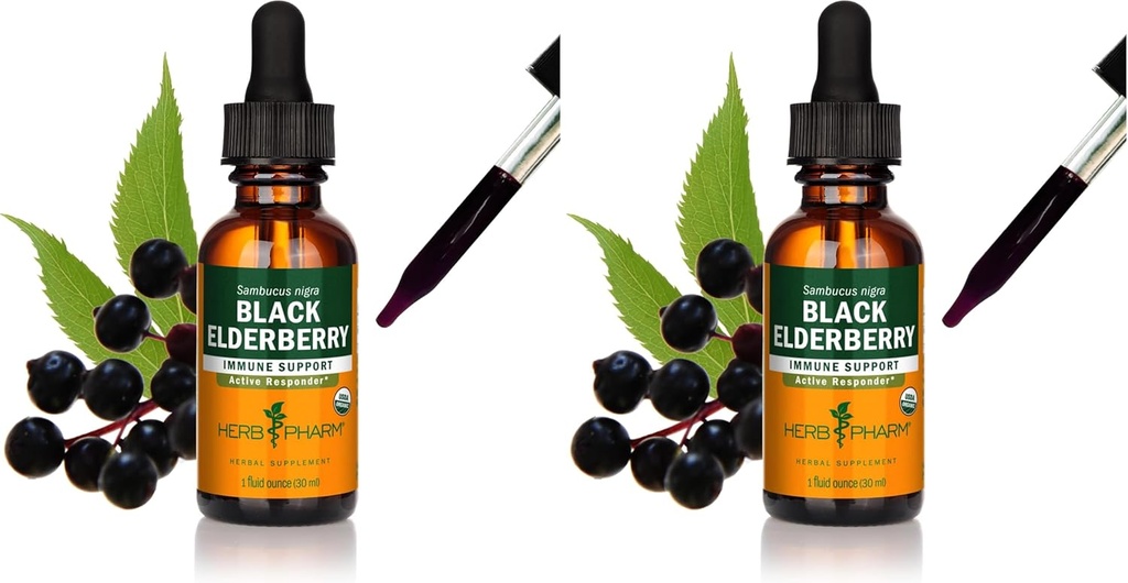 Herb Pharm מוסמך אורגני Black Elderberry לחלץ תמיכה במערכת החיסון, אורגני Cane אלכוהול, 1 Oz (Pack של 2)