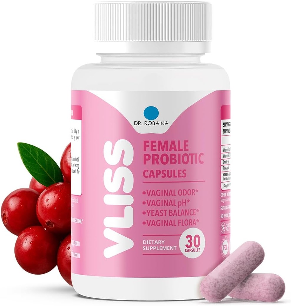 Dr. Robaina Women's Daily Vaginal Probiotic + Cranberry & Pineapple, 5 B CFU Lactobacillus (rhamnosus, reuteri, Gasseri, exatus), pH & Odor Control, ויטמין C & B-12, 30 קפסולות טבעוניות