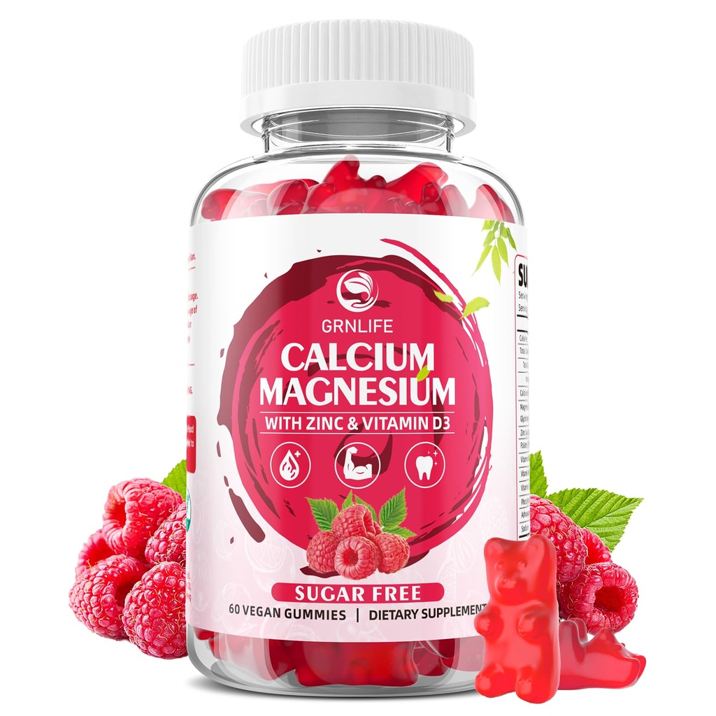 Calcium Magnesium Zinc Gummies עם ויטמין D3, סוכר חינם Calcium חניכיים עבור נשים גברים, Raspberry Flavor - 60 Count Count