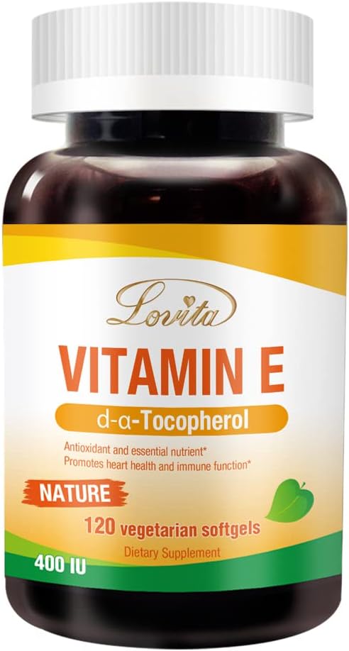 ויטמין Lovita E 400 IU Softgels, ויטמין טבעי E 268 מ"ג (כמו D Alpha Tocopherol), ויטמין טבעוני E עבור עור בריא, שיער, ריחות מערכת החיסון, 120 Softgels צמחוניים