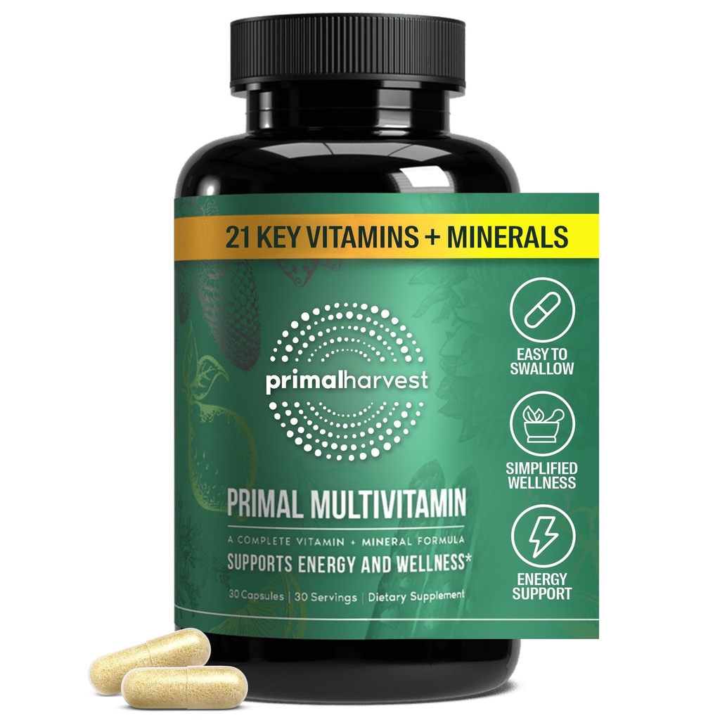 Primal Harvest Primal Multivitamin - Daily Multi-Vitamin תוספת עם 21 ויטמינים ומינרלים חיוניים לנשים וגברים - ויטמין A, C, D, E, B12, B6, Biotin, Folic Acid, Zinc, Copper & Selenium