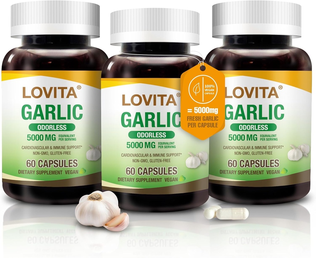 Lovita Odorless Garlic כמוסות, 5000 מ"ג טרי Garlic Equivalent, 1.25% Allicin Extract, תומך הלב, לחץ דם, כולסטרול מערכת החיסון, Non-GMO, Gluten-Free, 180 קפסולות טבעוניות טבעוניות
