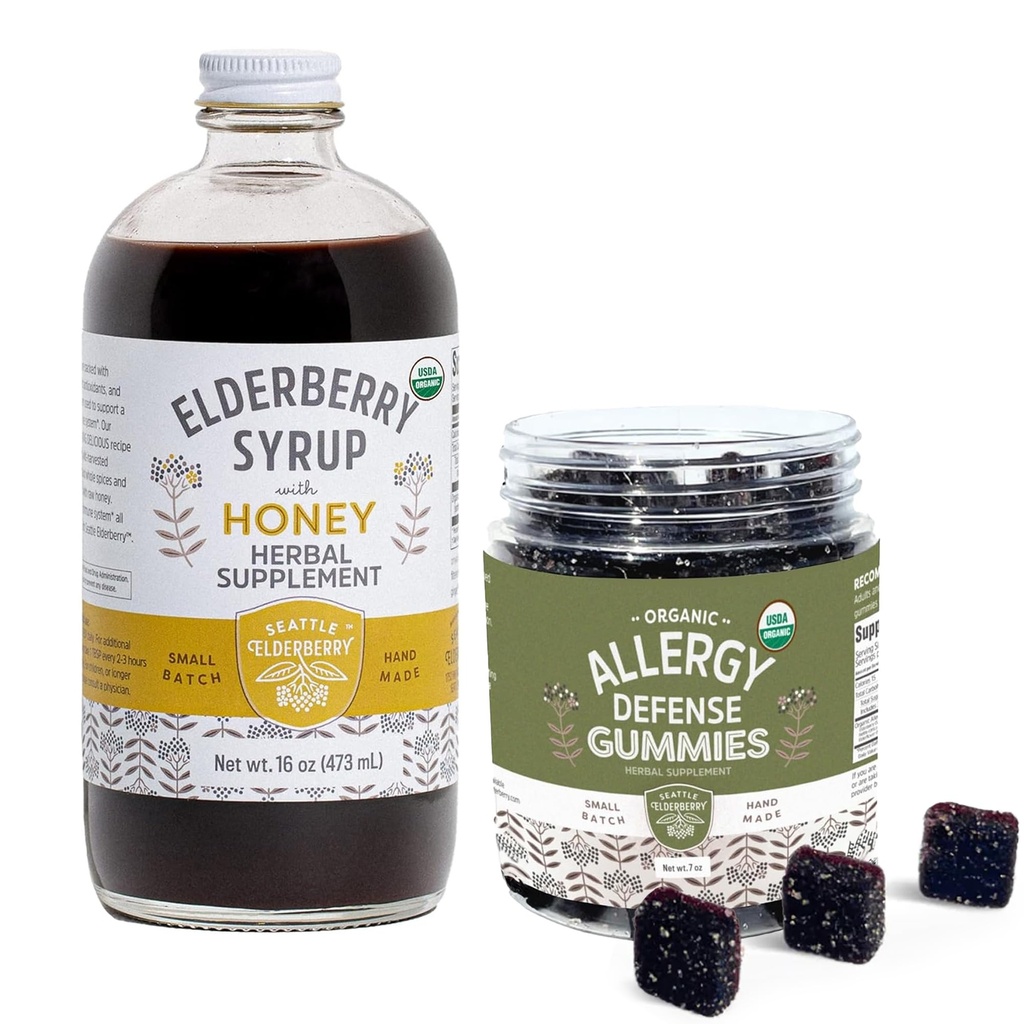 Herbal תוסף Syrup & Gummies Bundle - בקבוק 16oz של Elderberry סירופ עם דבש ו 7oz Original Elderberry חניכיים עשוי רק תרכובות אורגניות בארה"ב