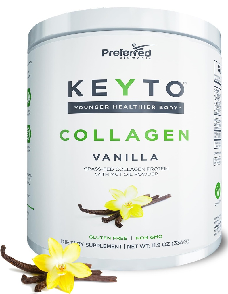 אבקת חלבון Keto Collagen עם שמן MCT - Keto ו- Paleo Friendly Grass פד ו Pasture הרים hydrolyzed Collagen Peptides - Fits Low Carb Diet ו Keto חטיפים - KEYTO Vanilla Flavor