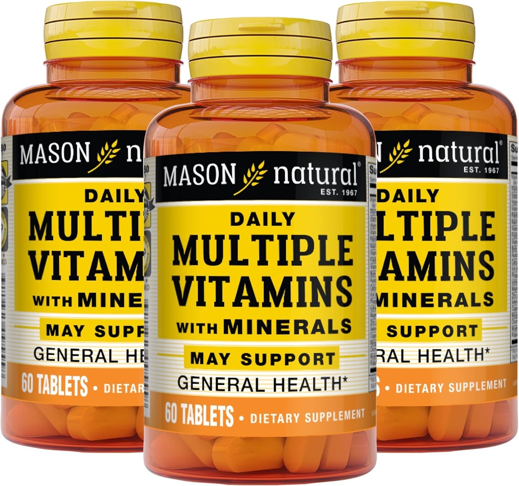 MASON NATURAL Daily ויטמינים עם מינרלים - 24 ויטמינים ומינרלים חיוניים, All in One Multivitamin, תומך בריאות כוללת, 60 טבליות (Pack of 3)
