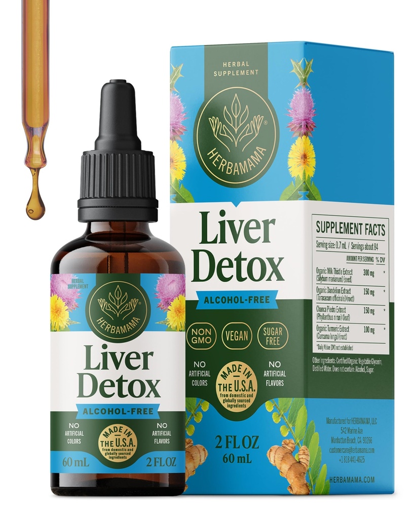 HERBAMAMA Liver Cleanse Detox & Repair - Liver Support Supplement - Liquid Drops with Milk Thistle, Dandelion Root & Chanca Piedra - Alcohol & Sugar-Free Liquid Cleanse Supplement, 42-Day Supply