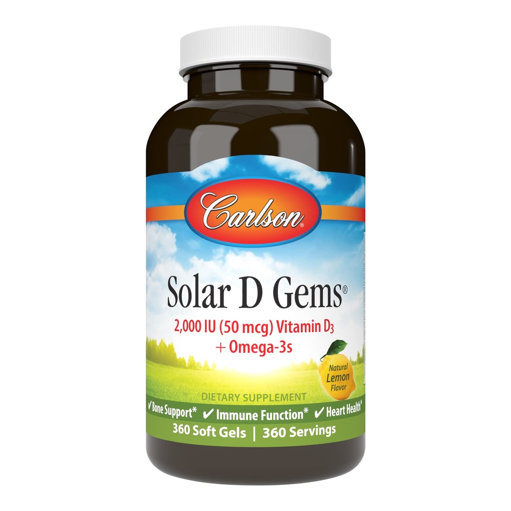 קרלסון - סולרי D Gems, ויטמין D3 ו- אומגה 3, 2000 IU (50 mcg) ויטמין D3, 115 מ"ג אומגה 3 EPA ו- DHA תוסף, Wild Catch, Sustainably Sourced, Lemon, 360 Softgels