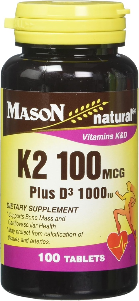 מייסון ויטמין K2 100 mcg Plus D3 1000 IU Tablet 100 Count per Bottle Pack של 3 300 טבליות