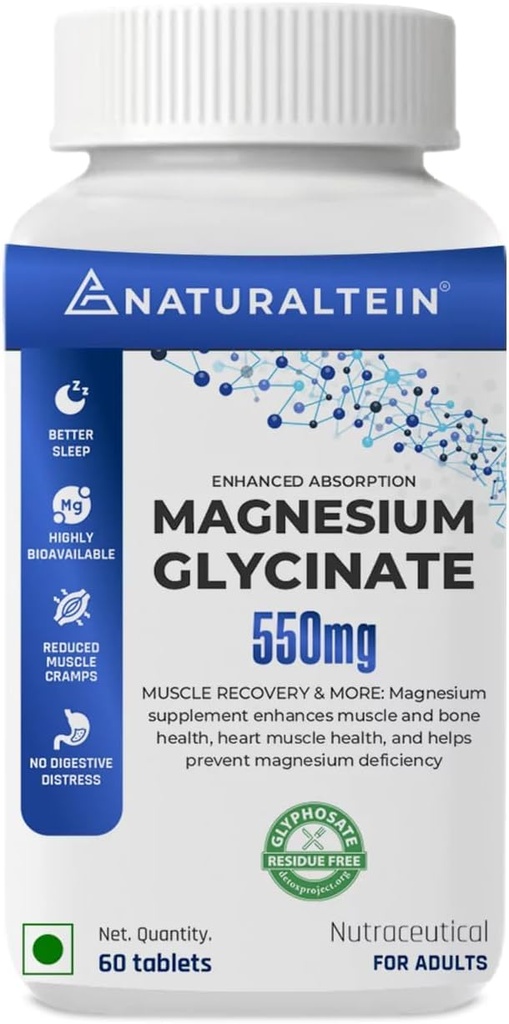 מגנזיום Glycinate תוסף - 60 טבליות x 121 מ"ג מגנזיום Magnesium, 555 מ"ג פעם נשים טהורות צ'יגליצר לבריאות טובה ושינה - נבדק ואמין עבור מתכת כבדה