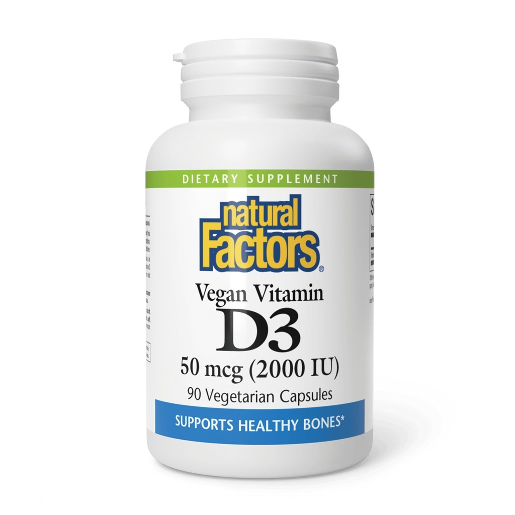 Natural Factors ויטמין D3 2000 IU - תמיכה בריאות העצם & Immune - Plant-based Cholecalciferol - קפסולות צמחוניות - 90 קפסולות (90 משרתים)